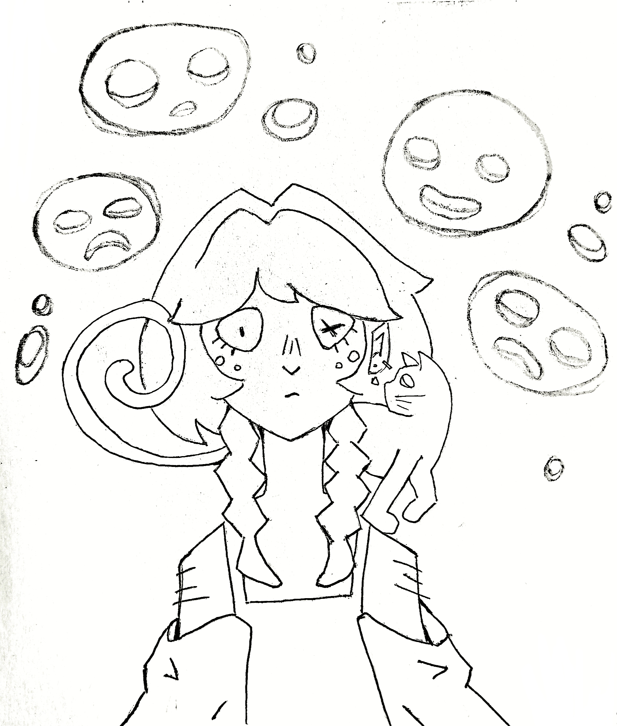 Line art of a person with a cat on their shoulder.